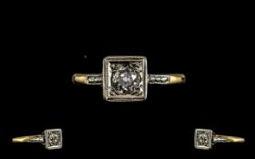 Art Deco Period 18ct Gold and Platinum Single Stone Diamond Ring, Square Setting - From The 1920's.