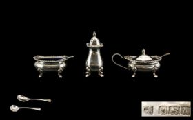 Queen Elizabeth II Solid Silver 3 Piece Cruet Set, Complete with Blue Liners and Silver Salt Spoons.