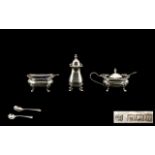 Queen Elizabeth II Solid Silver 3 Piece Cruet Set, Complete with Blue Liners and Silver Salt Spoons.