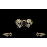 18ct Gold - Attractive 1930's Sapphire and Diamond Dress Ring of Pleasing Design.