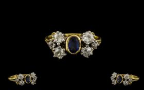18ct Gold - Attractive 1930's Sapphire and Diamond Dress Ring of Pleasing Design.