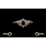 18ct Gold - Attractive Diamond and Sapphire Set Dress Ring, Flower head Setting.