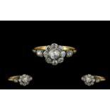 18ct Gold and Platinum Diamond Set Cluster Ring - Attractive Flower Head Design. c.1920.