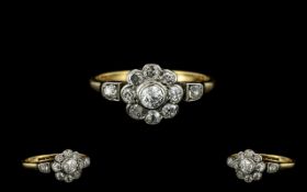 18ct Gold and Platinum Diamond Set Cluster Ring - Attractive Flower Head Design. c.1920.