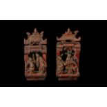 Two Oriental Red Lacquered Mounts in the form of temples, with figures. Height 7 inches.