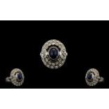 Russian 14ct White Gold Superb Diamond and Sapphire Set Cluster Ring. The Central Cabochon Cut