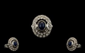 Russian 14ct White Gold Superb Diamond and Sapphire Set Cluster Ring. The Central Cabochon Cut