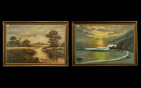 Two Framed Oil And Chalk Pastel On Paper Landscapes Mid century framed artworks,