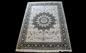 A Large Woven Silk Carpet Keshan rug with grey ground and black and grey border traditional Middle