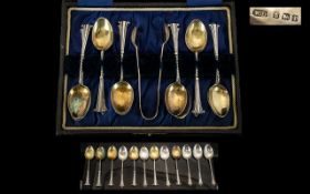 Art Nouveau Period Set of Six Silver Teaspoons with Rope Twist and Fantail Design, Stems Design.