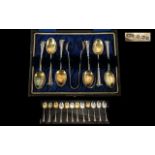 Art Nouveau Period Set of Six Silver Teaspoons with Rope Twist and Fantail Design, Stems Design.