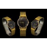 Gents 9ct Gold Round Cased Mechanical Wind Wrist Watch with Black Dial and Gold Markers,