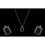 A Silver And Hardstone Set Pendant Necklace Square form pendant with twist border detail, the centre