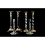 Three Sets of Silver Plated Candlesticks the first with glazed stems on a square base,