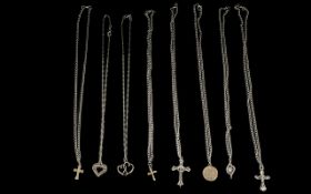 Collection of Silver Pendants with Chains, to include heart & cross pendants.