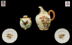 Royal Worcester Blush Ivory Miniature Ewer Circa 1890, hand painted in blossom and forget-me-knot