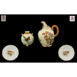 Royal Worcester Blush Ivory Miniature Ewer Circa 1890, hand painted in blossom and forget-me-knot