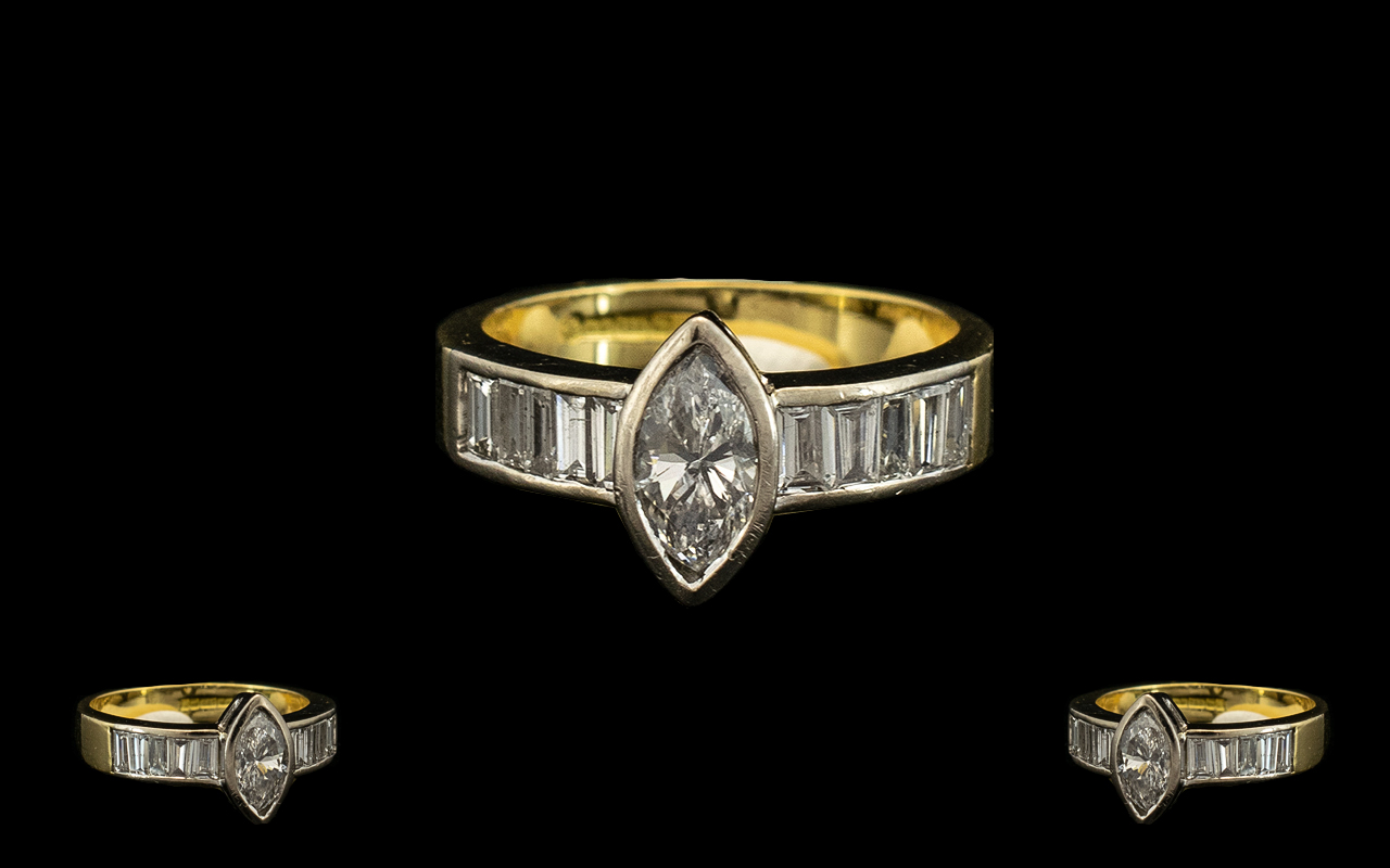 A Stunning Quality 18ct Two Tone Gold Marquise Diamond and Baguette Cut Diamond Ring of Contemporary