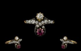 Antique Period - Attractive 18ct Gold Ruby and Diamond Set Dress Ring. c.1860's.