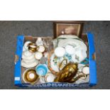 A Mixed Box of Pottery To include Crown Staffordshire part teaset. Wedgwood, a Bisque Figure, a gilt