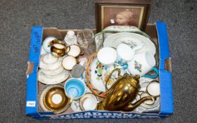 A Mixed Box of Pottery To include Crown Staffordshire part teaset. Wedgwood, a Bisque Figure, a gilt