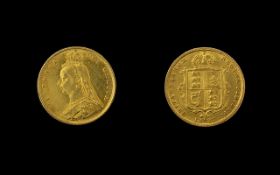 Queen Victorian 22ct Gold Jubilee Head / Shield Back Half Sovereign - Date 1887.