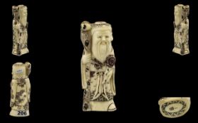 Japanese Early 20th Century Carved Ivory Figure - Late Meiji of A Wise / Sage Man, Holding a Staff,