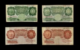 Four British Banknotes - to include, 2 x one pound, Peppiatt and O'Brien) plus 2 x ten shillings,