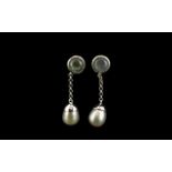 Labradorite and Cultured Pearl Drop Earrings, bezel set, round cut, labradorite cabochons of 3.35cts