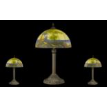 French Daum Style Table Lamp with painted landscape shade. Antique bronze mount. Height 20 inches.