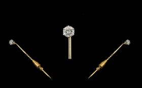 1920's 15ct Gold - Gents Tie Pin Set with an Old Round Brilliant Cut Diamond of Good Colour /