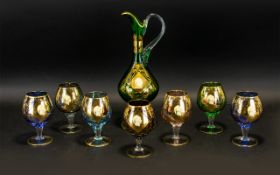 Murano Glass - Venetian 1960's Attractive Set of Seven Cameo Harlequin Drinking Glasses with