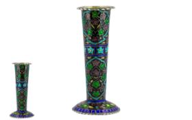 An Enamel on Silver Tapering Specimen Vase floral decoration throughout on a black ground with