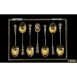 Art Nouveau Period Set of Six Silver Teaspoons with Matching Sugar Spoon of Pleasing Form.