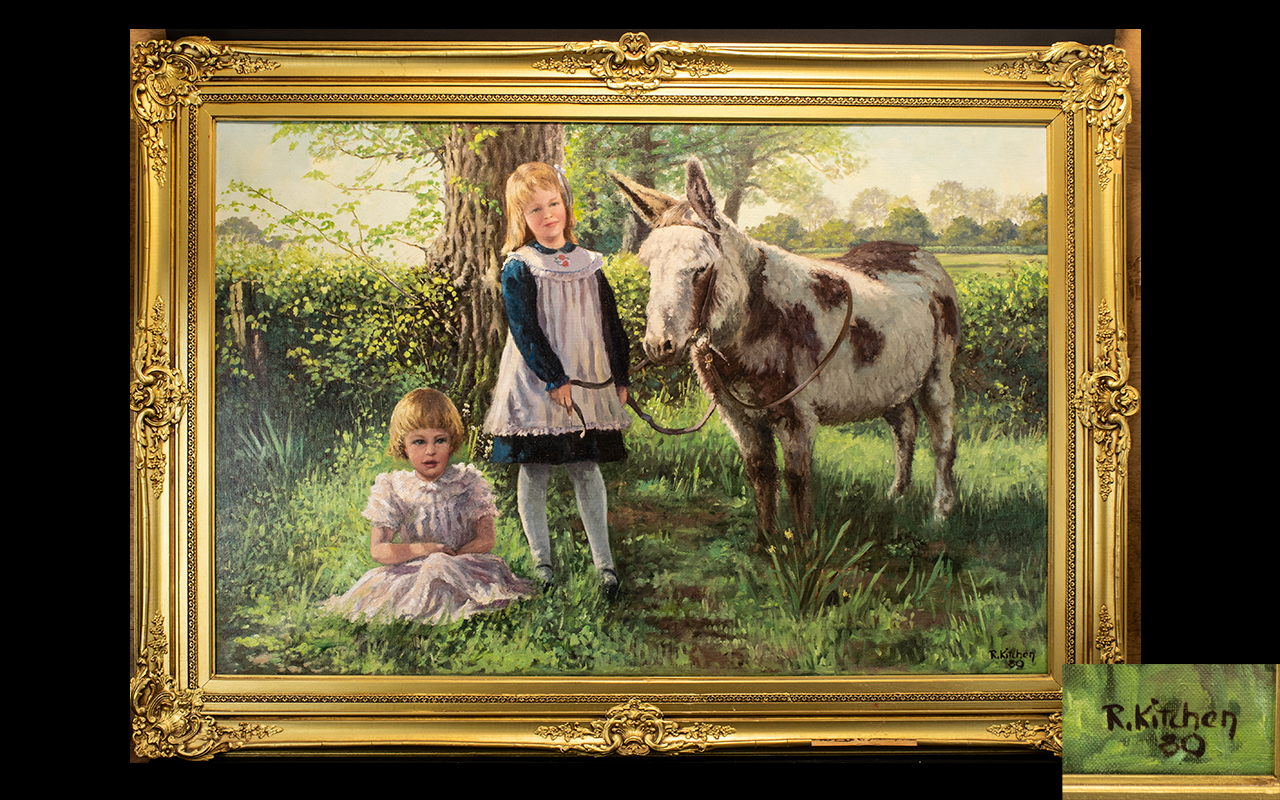 R. Kitchen Untitled Oil On Canvas Depicting two female children with donkey.