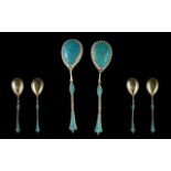 Set Of Two Russian Imperial Cloisonne Enameled Silver Spoons Attributed To Master Workman Gustav