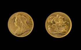 Queen Victoria 22ct Gold - Old Head Full Sovereign - Date 1899.