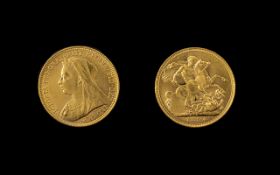 Queen Victoria 22ct Gold Old Head Full Sovereign - Date 1894.