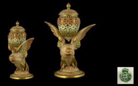 Royal Worcester Hand Painted Figural Eagle Reticulated Vase. Date 1907. 9 Inches - 22.5 cm High.