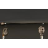 Victorian - Period Silver Banded Ebonised Walking Stick with Figural Top. Hallmark Birmingham