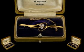 Antique Period 18ct Gold Diamond Set Brooch with 18ct Gold Safety Chain. Marked 18ct Gold.