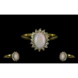 18ct Gold - Attractive Opal and Diamond Set Cluster Ring - Flower head Setting.