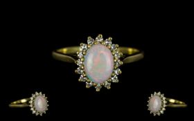 18ct Gold - Attractive Opal and Diamond Set Cluster Ring - Flower head Setting.