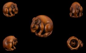 Japanese - 19th Century Top Quality Signed Carved Boxwood Netsuke of a Field Mouse,