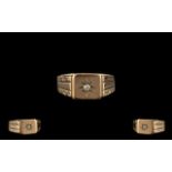 Gents 9ct Gold Diamond Set Signet Ring, Starburst Design, Full Hallmark for Birmingham 1928,