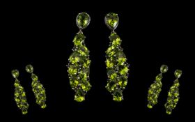 Peridot Long Cluster Drop Earrings, the long, asymmetric, clusters comprising 16.