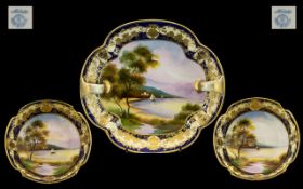 Noritake Early 20th Century Hand Painted Twin Handle Dish Of Lobed quatrefoil form with curved twin