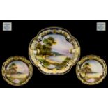 Noritake Early 20th Century Hand Painted Twin Handle Dish Of Lobed quatrefoil form with curved twin