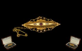 Victorian Period - Attractive 15ct Gold Ornate Brooch and Safety Chain, Set with Ruby and Diamonds.