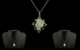 Antique Period 19th Century Stunning Quality Platinum Set Diamond and Carved Opal Pendant with